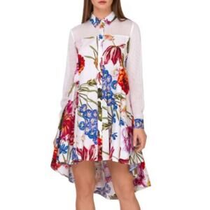 Gracia Womens Pink White Floral Mesh Shoulder Hi-Low Fit & Flare Dress Large